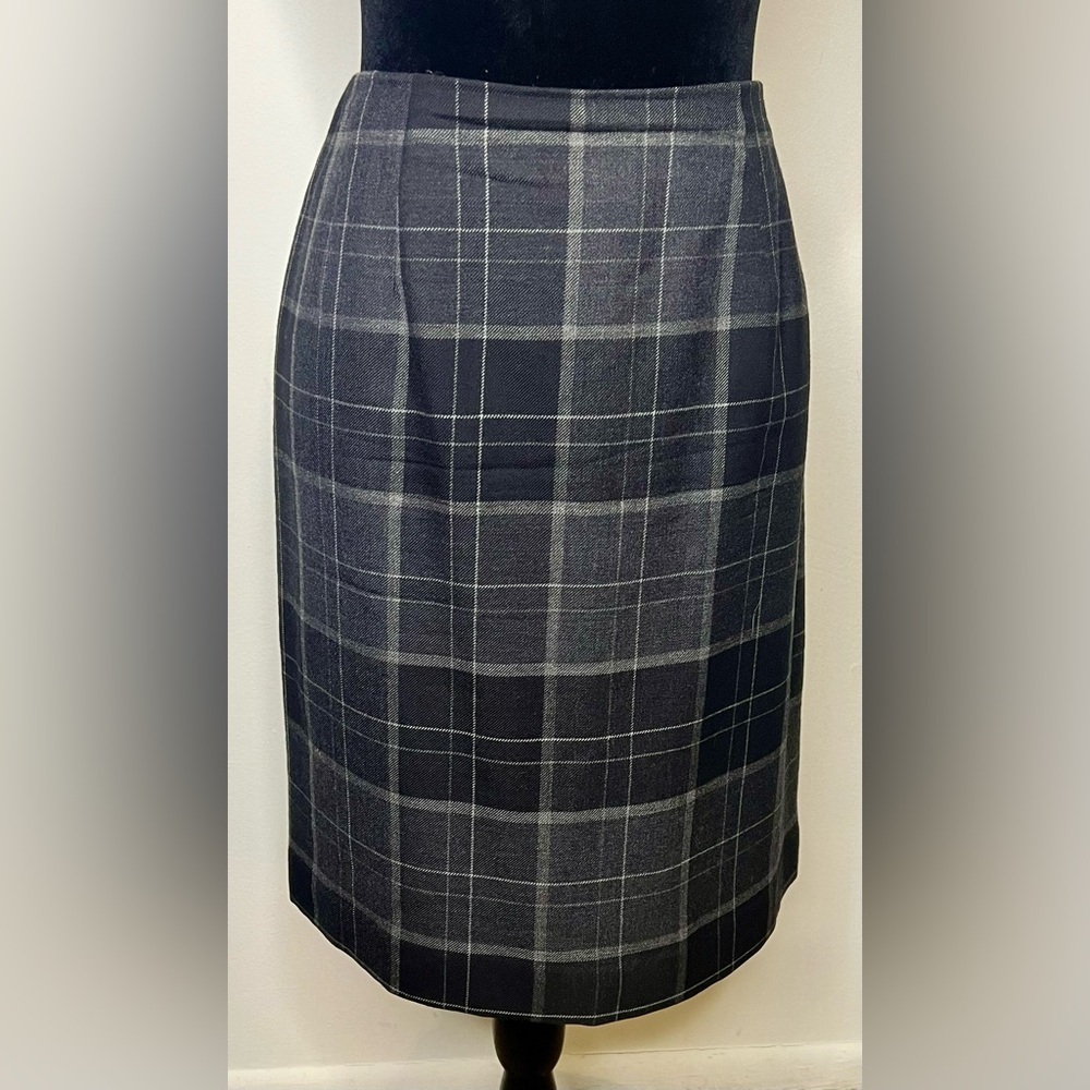 Vintage Amanda Smith Gray Black preppy plaid 100% wool skirt lined classic 10 EC